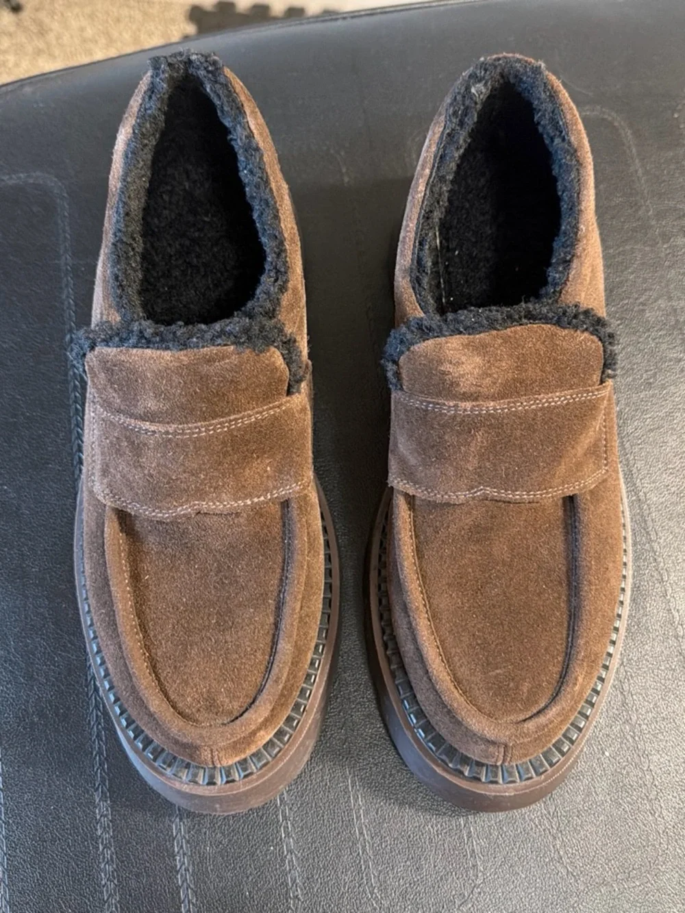 Brown Suede Fuzzy-Lined Platform Loafers